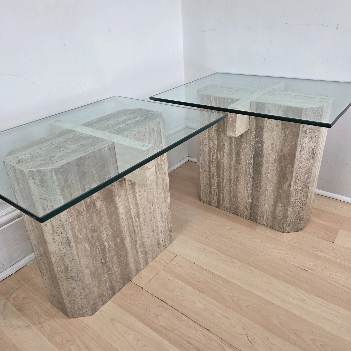 Vintage Travertine and Glass Side Tables (Pair) - photo 3