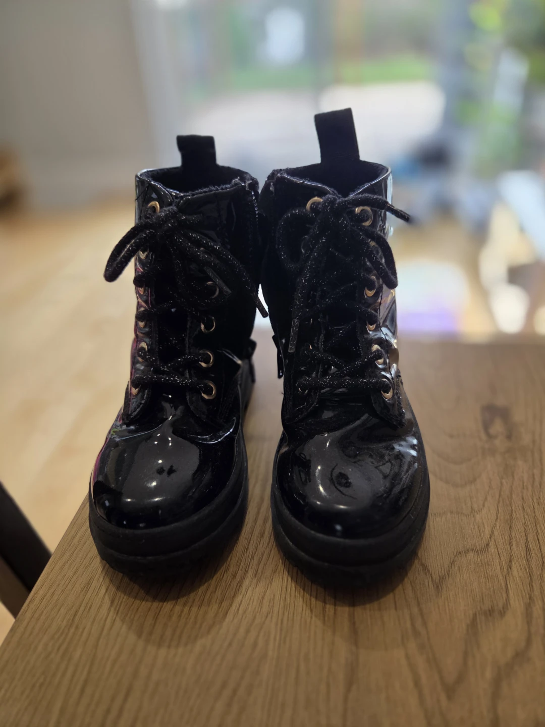 Girls Black Patent Combat Boots