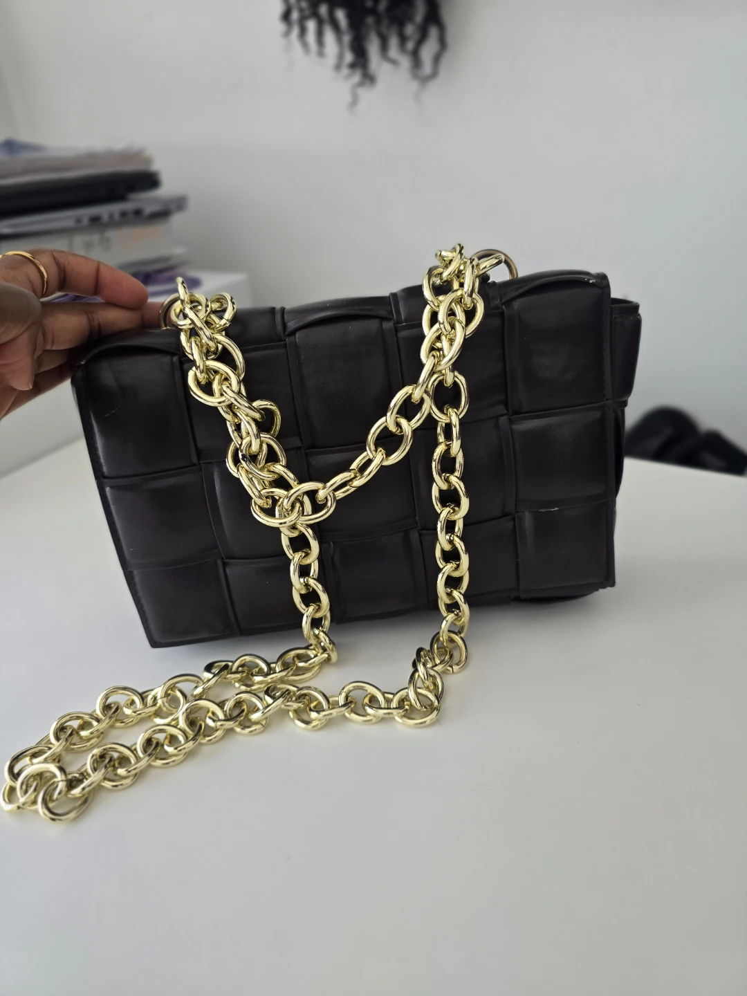 Brown Woven Handbag with Gold Chain