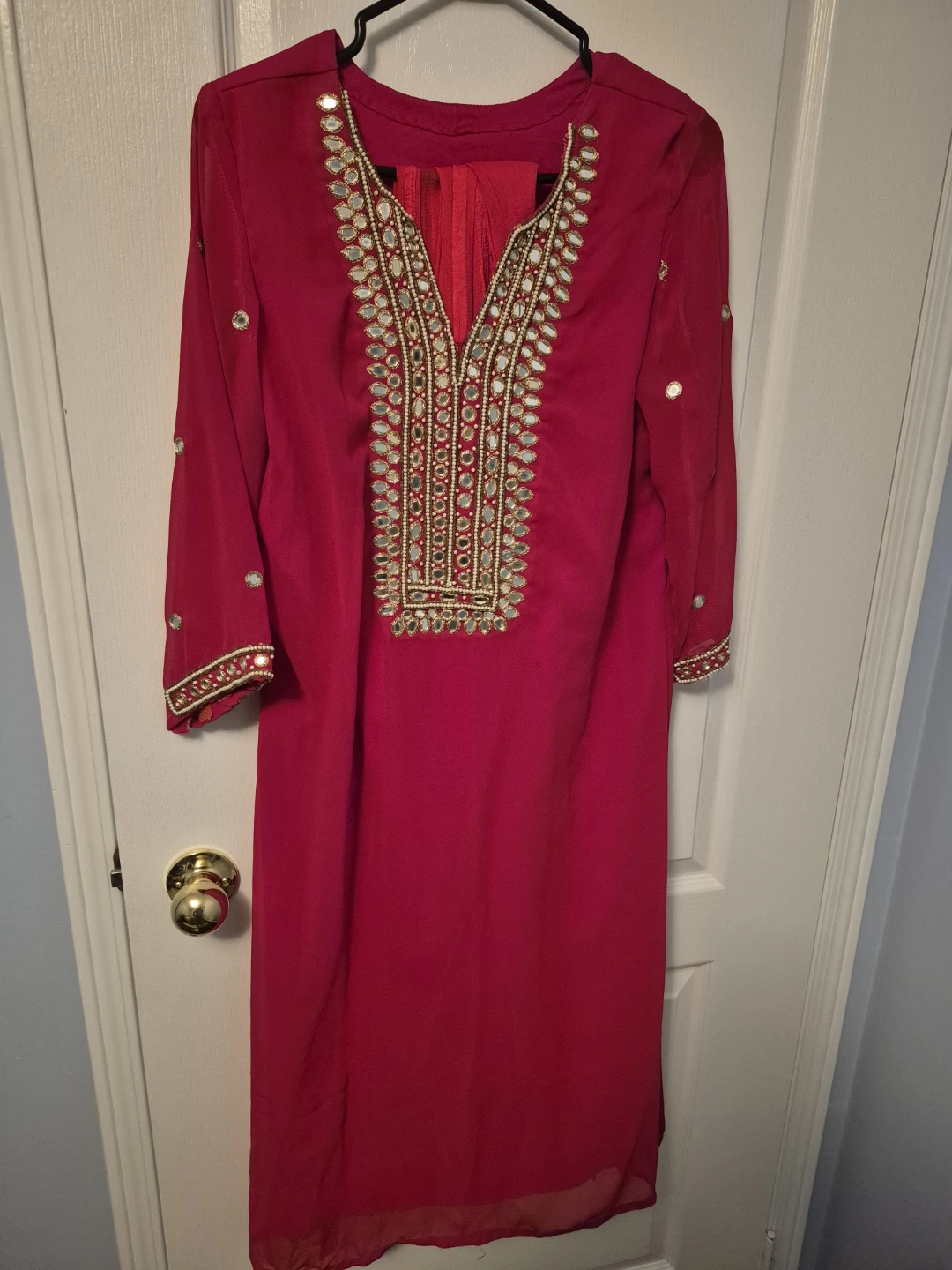 Red Embroidered Kameez with Mirror Work