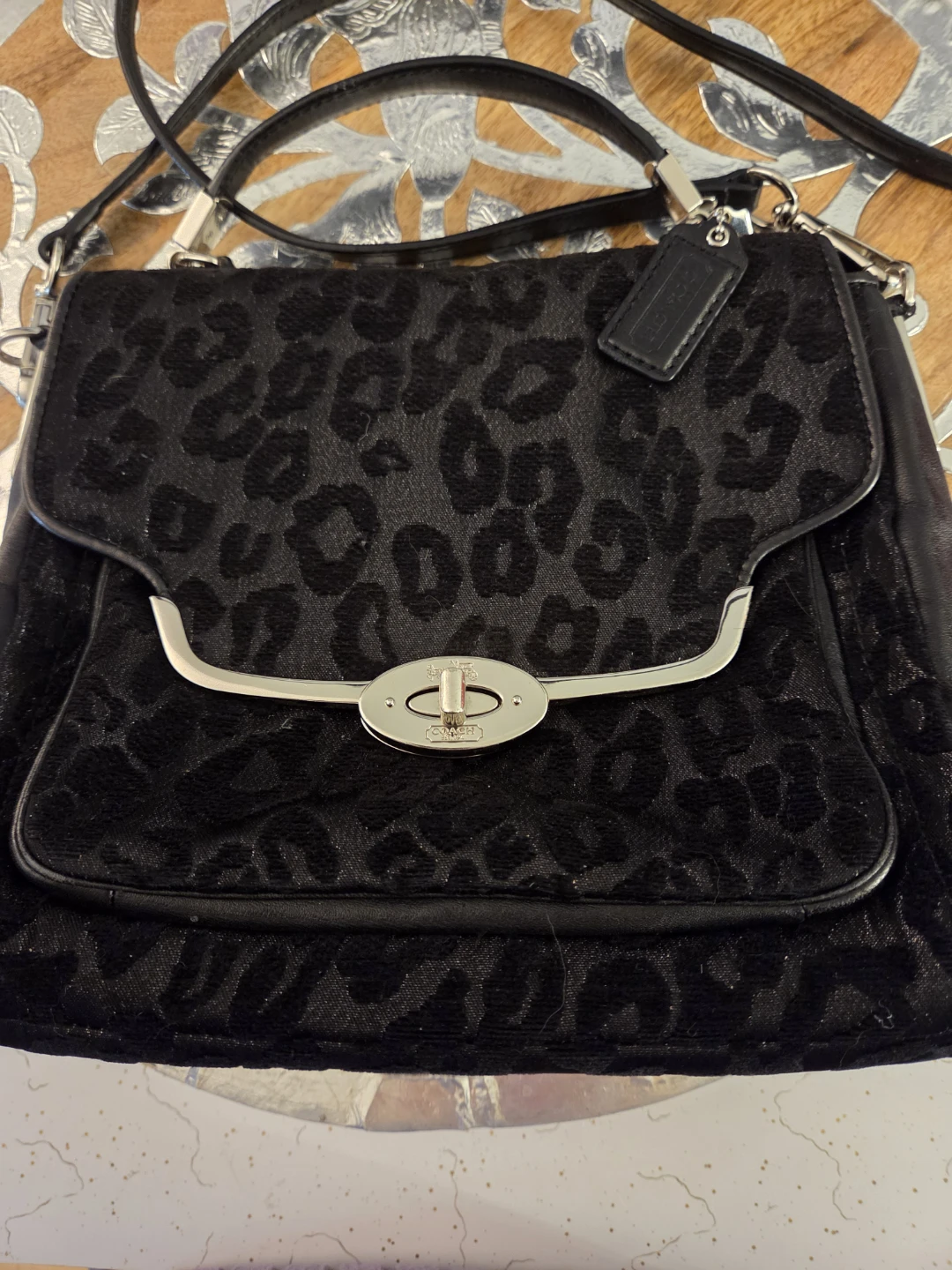 Coach Black Madison Chenille Ocelot Sadie Flap Satchel