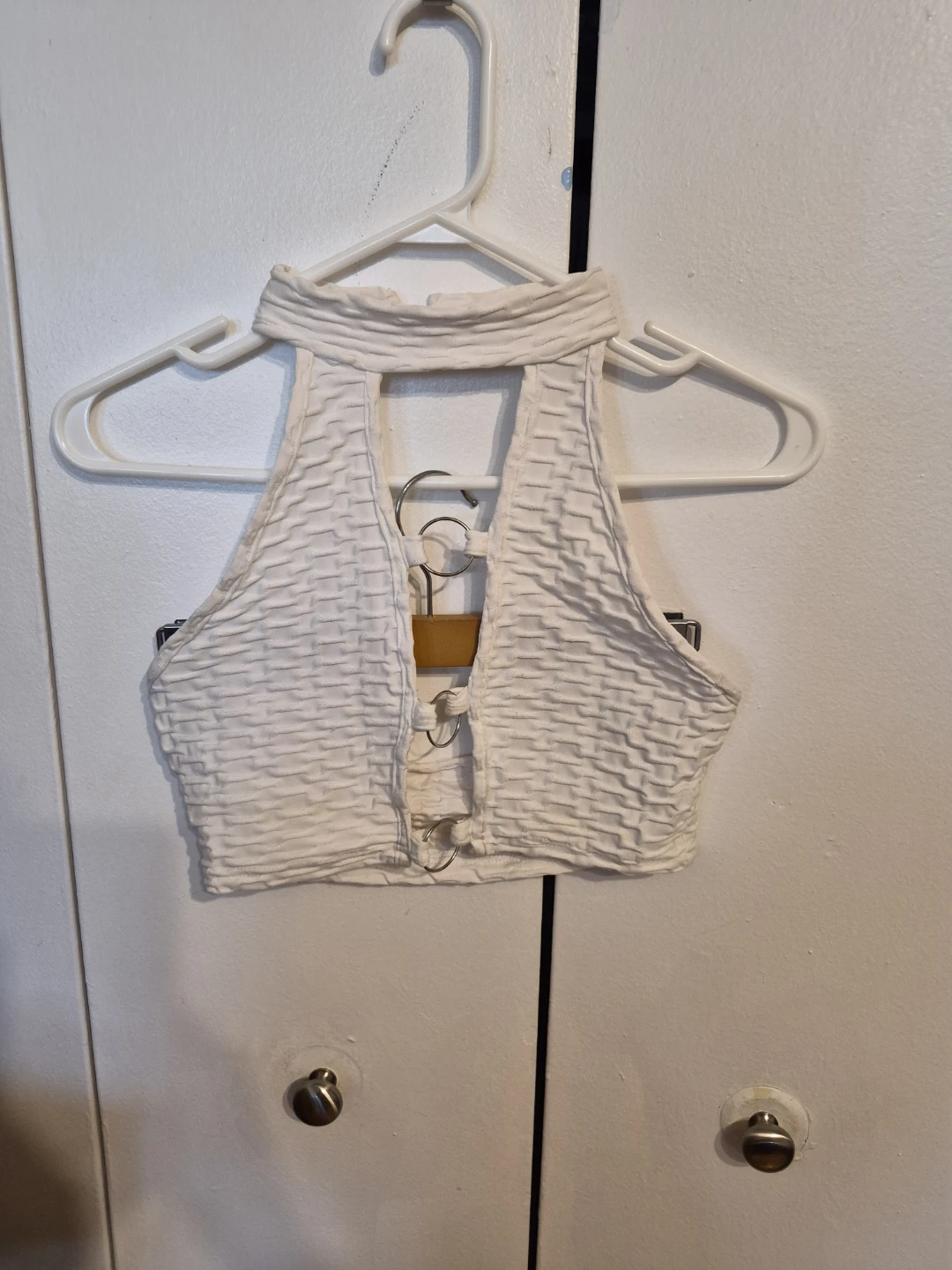 White Textured Halter Crop Top with Ring Detail
