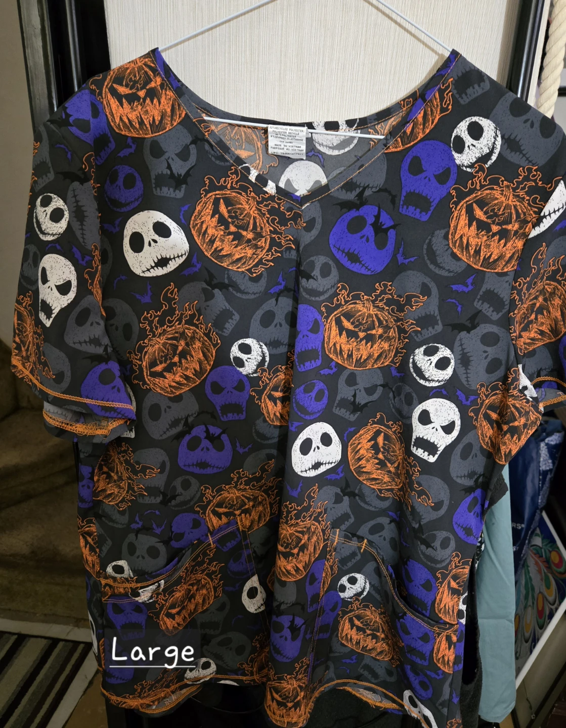 Lot of 3 Scrub Tops - Halloween, Reindeer, Stitch - Sizes L & XL