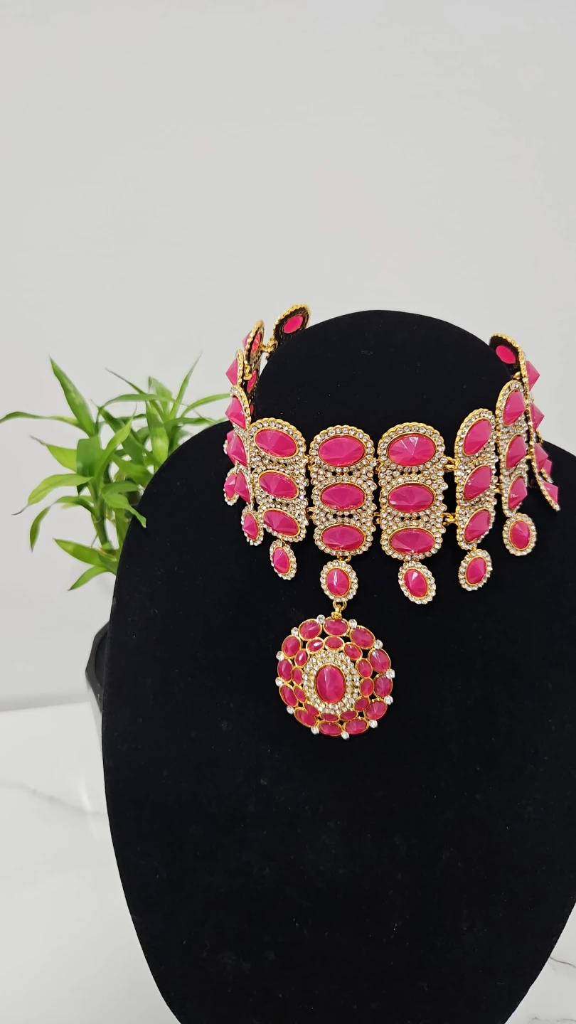 Pink and Gold Choker Necklace Set with Earrings