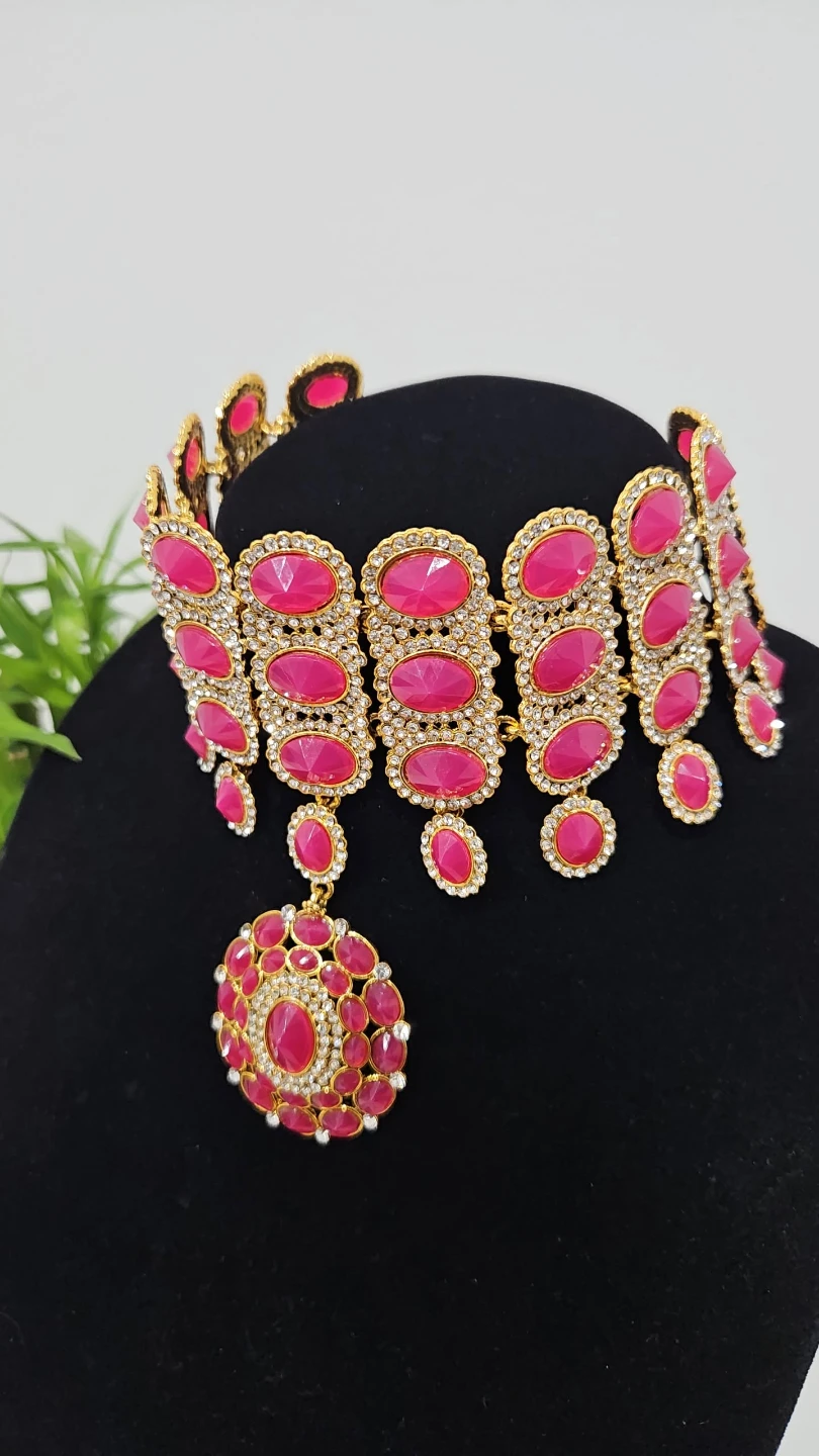 Pink and Gold Choker Necklace Set with Earrings - photo 3