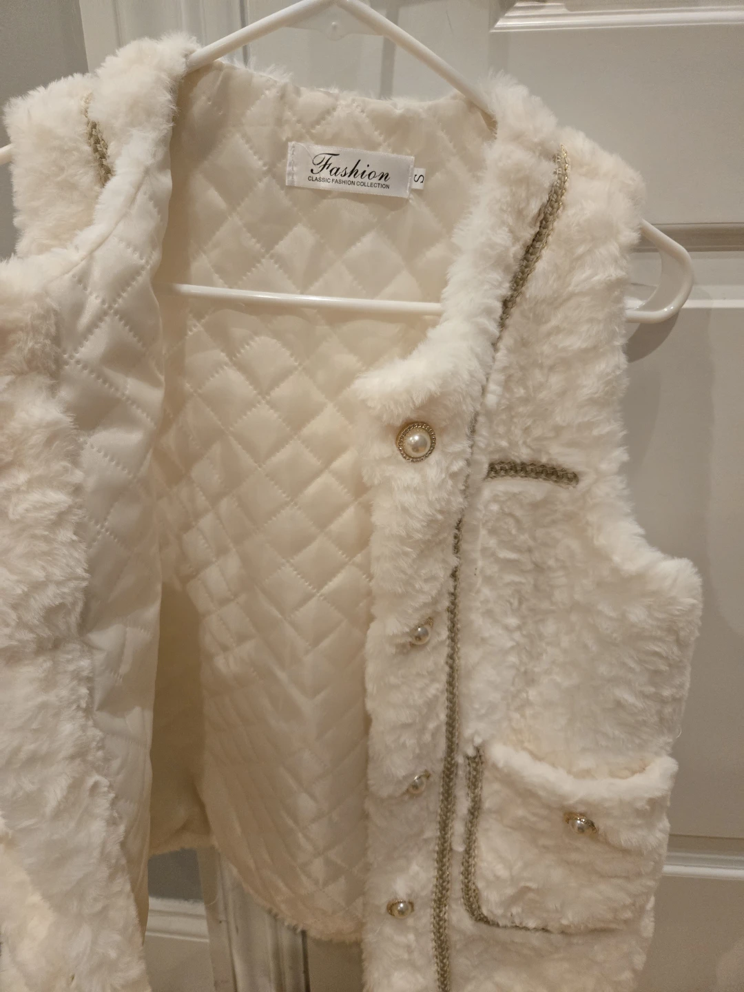 Cream Faux Fur Vest with Pearl Buttons - Size S - photo 2