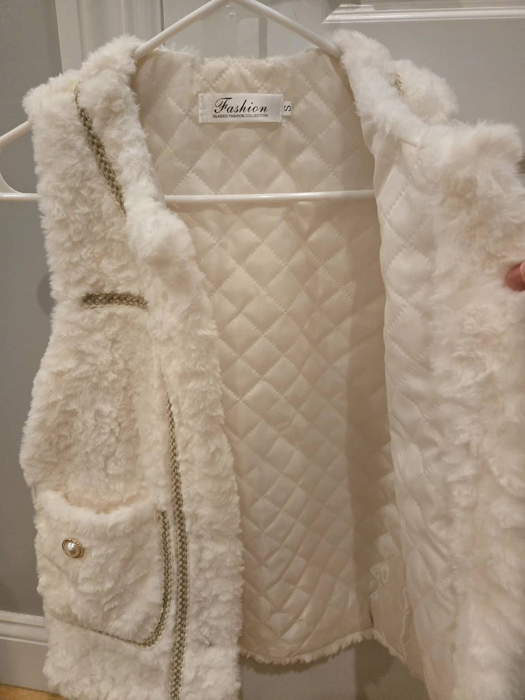 Cream Faux Fur Vest with Pearl Buttons - Size S - photo 3