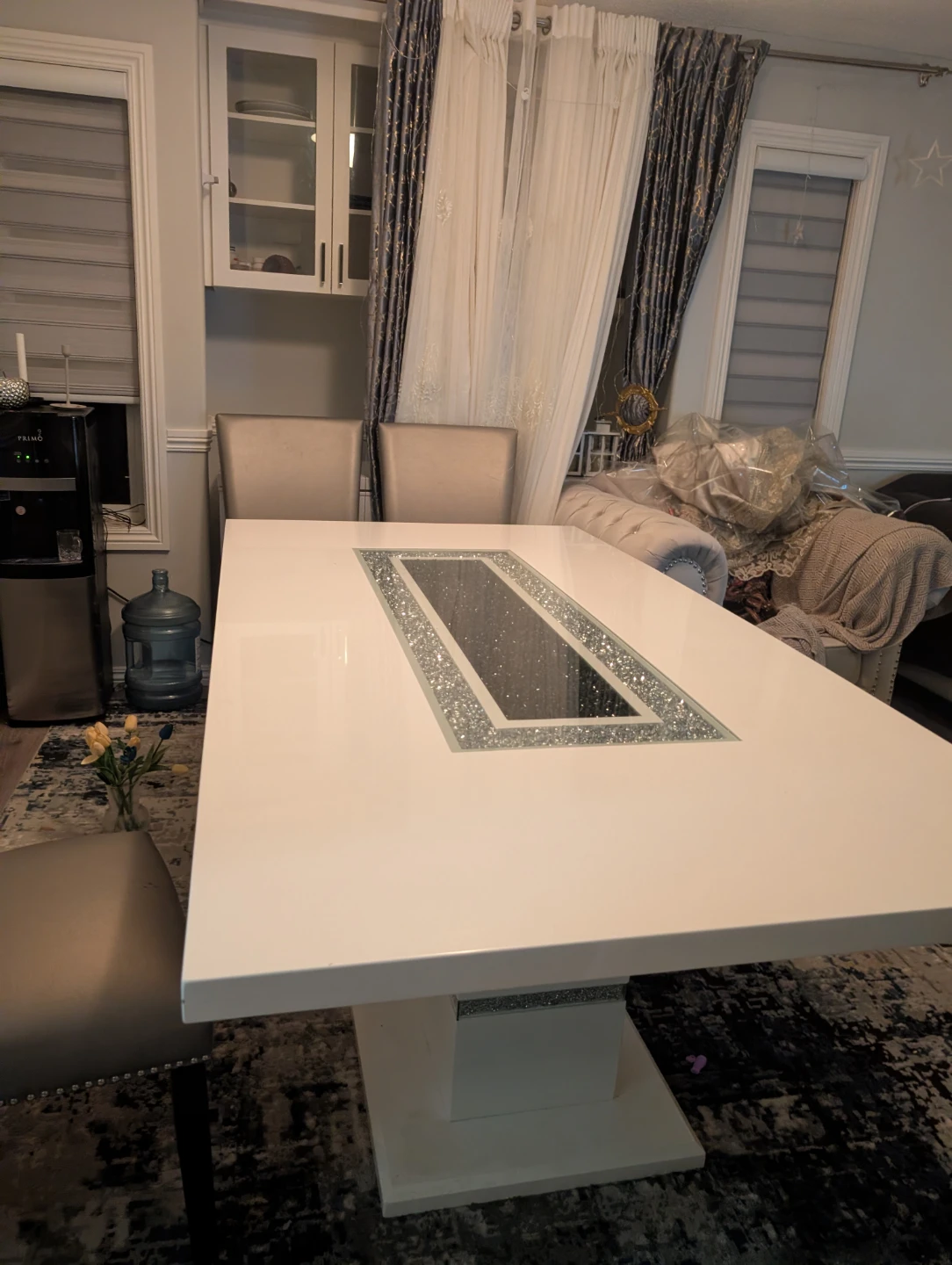 White Dining Table with Crushed Diamond Inlay