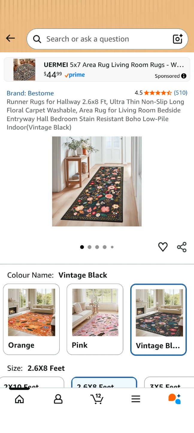 Bestome Vintage Black Floral Runner Rug 2.6x8 Ft