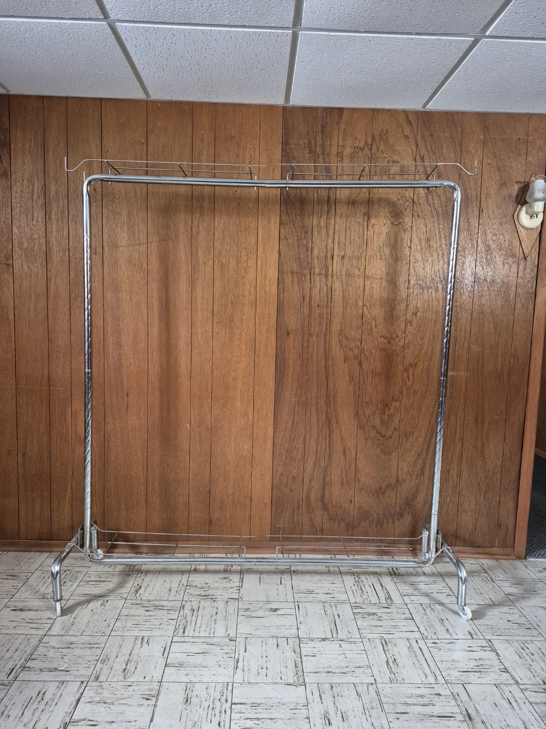 Vintage Rolling Clothing Rack with Shelves & Hooks: Sturdy - photo 3