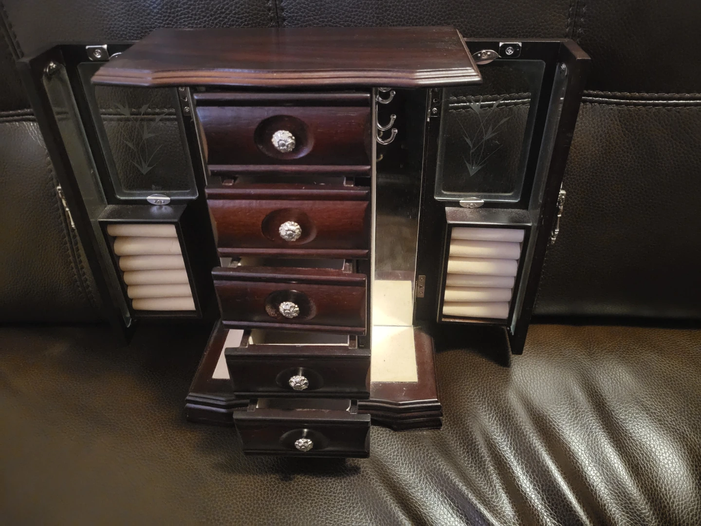 Wooden Jewellery Box with Drawers and Side Compartments