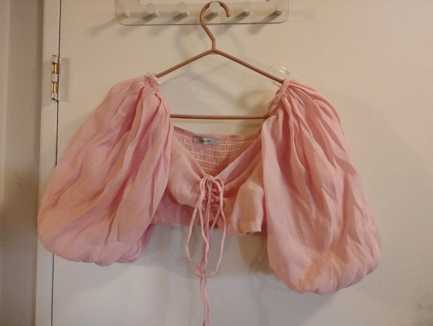 Pink Smocked Puff Sleeve Crop Top S