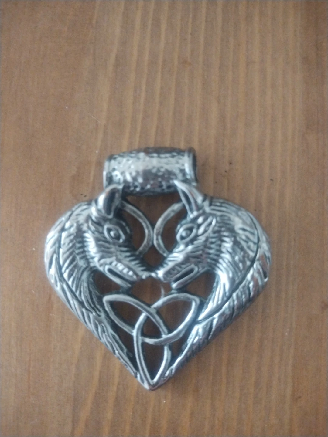 Heart-Shaped Pendant with Wolf and Celtic Knot Design