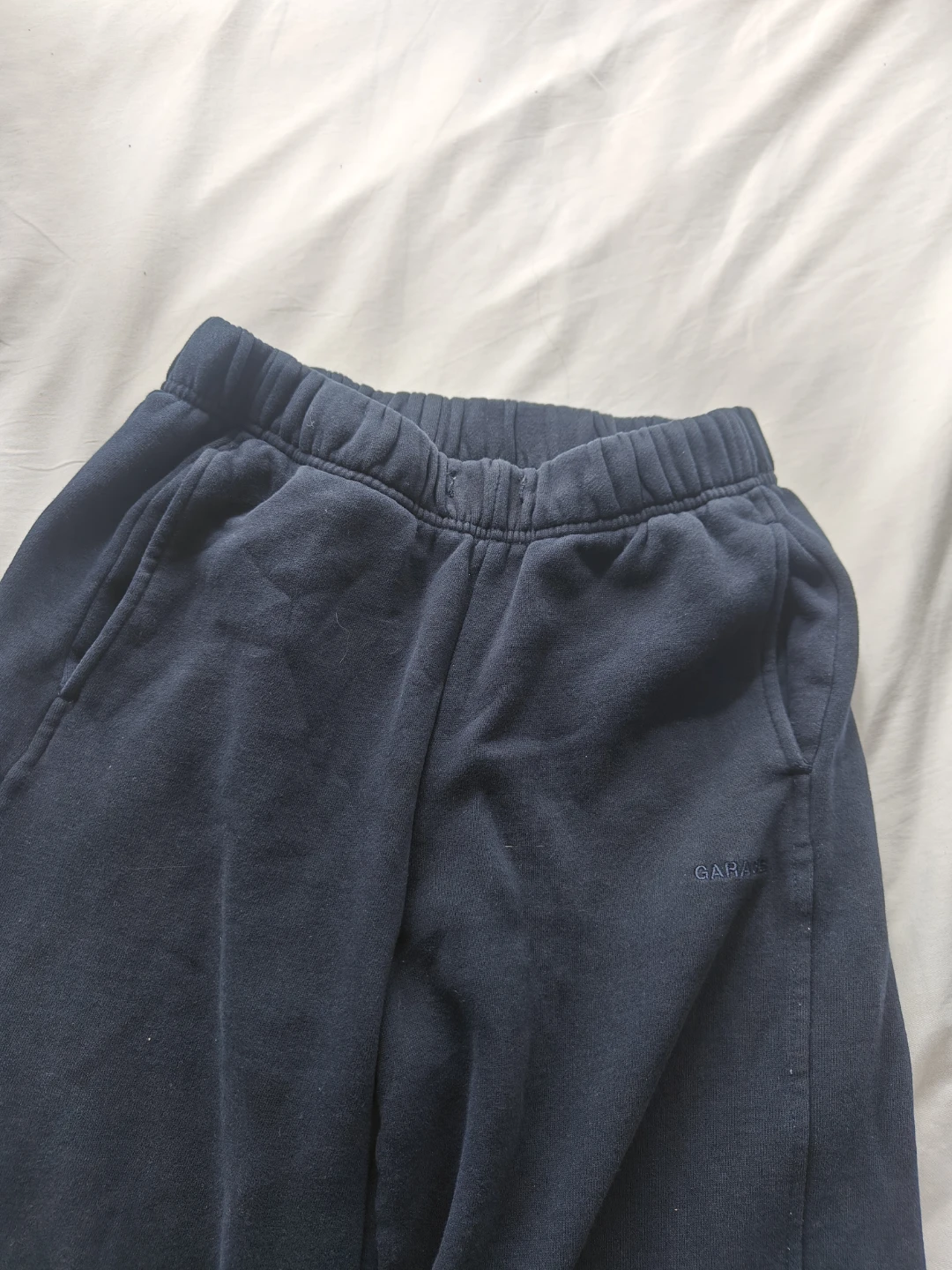 garage wide legged navy sweatpants