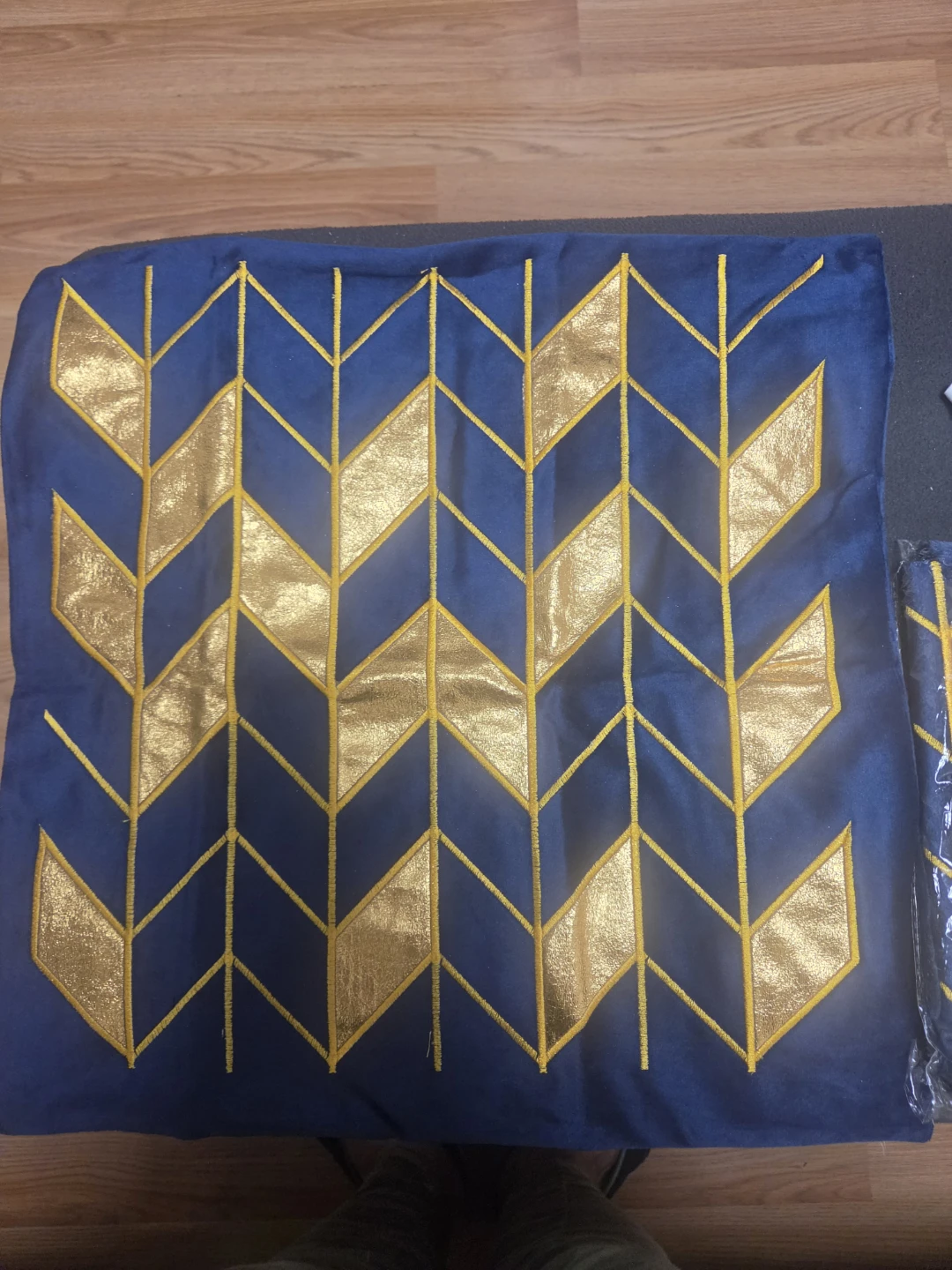 Blue Velvet Throw Pillow with Gold Geometric Design