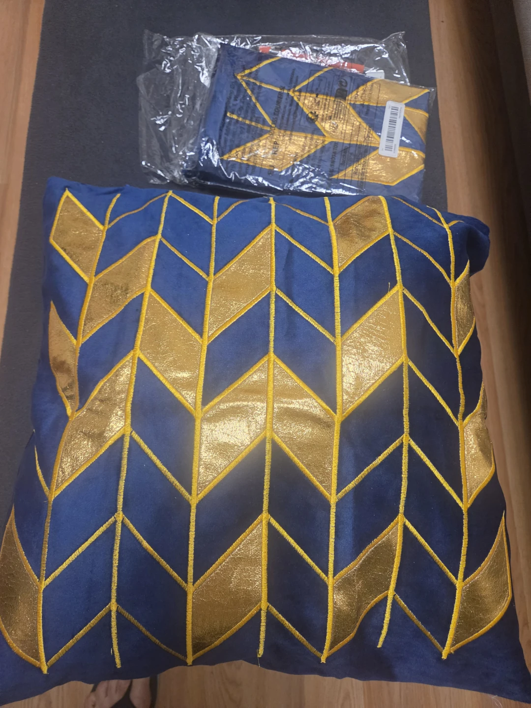 Blue Velvet Throw Pillow with Gold Geometric Design - photo 2
