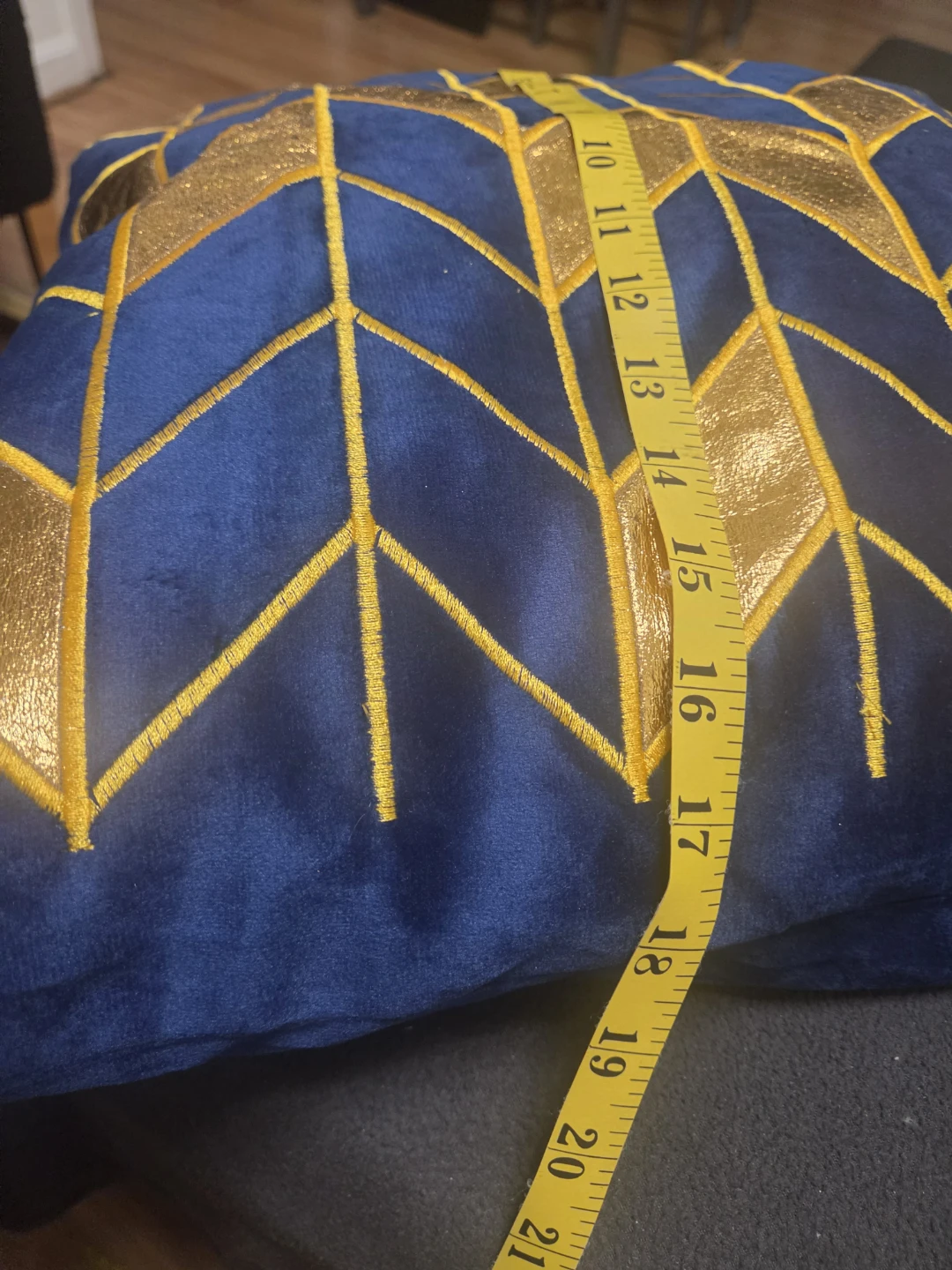Blue Velvet Throw Pillow with Gold Geometric Design - photo 3