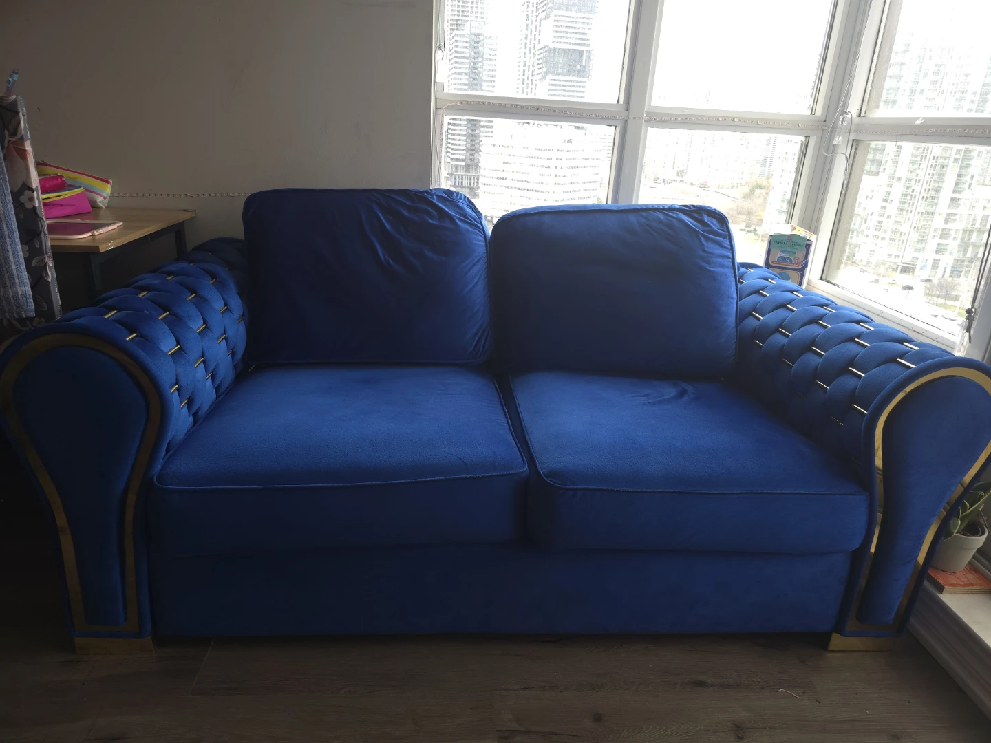Royal Blue Velvet Loveseat with Gold Trim - photo 2