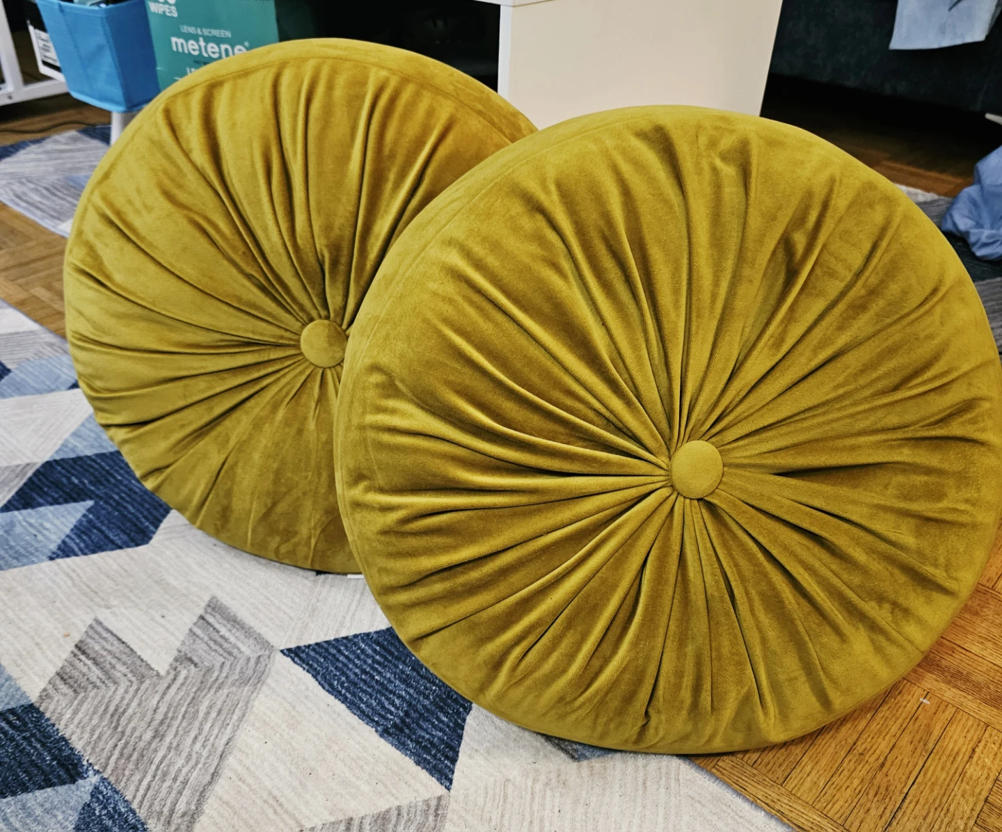 Round Velvet Tufted Couch Cushions - Mustard Yellow (Set of 2)