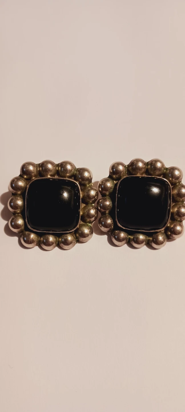 Taxco Mexico Sterling Silver 925 Square Black Onyx Earrings