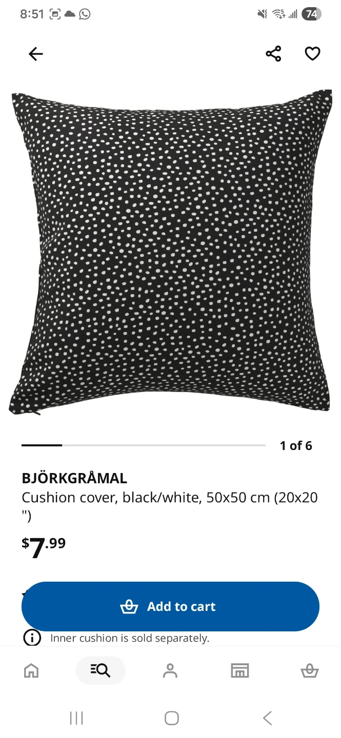 IKEA BJÖRKGRÄMAL Cushion Cover - Black/White 50x50 cm