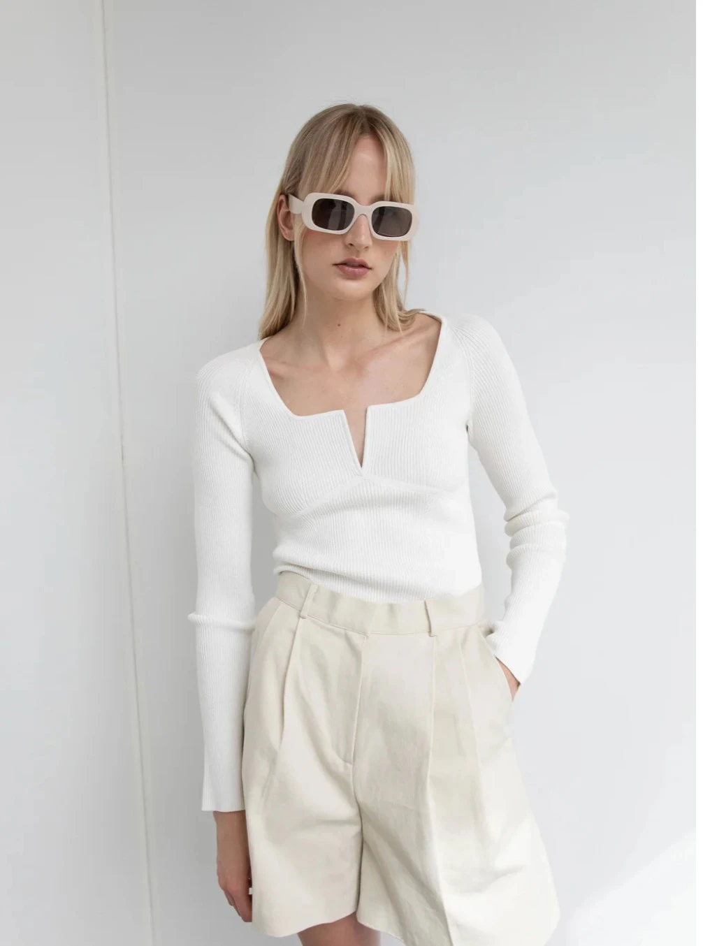 OAK + FORT White Ribbed Long Sleeve Top