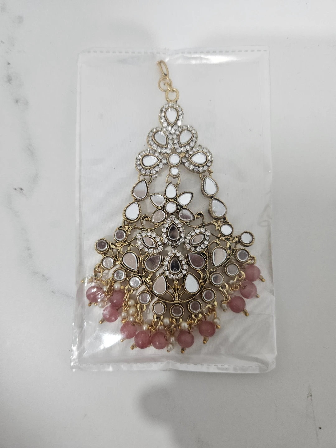 Women's Indian Jewelry Tikka Headpiece with Pink Beads