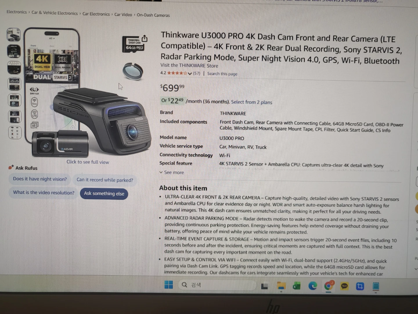 Thinkware U3000 PRO 4K Dash Cam Front & Rear