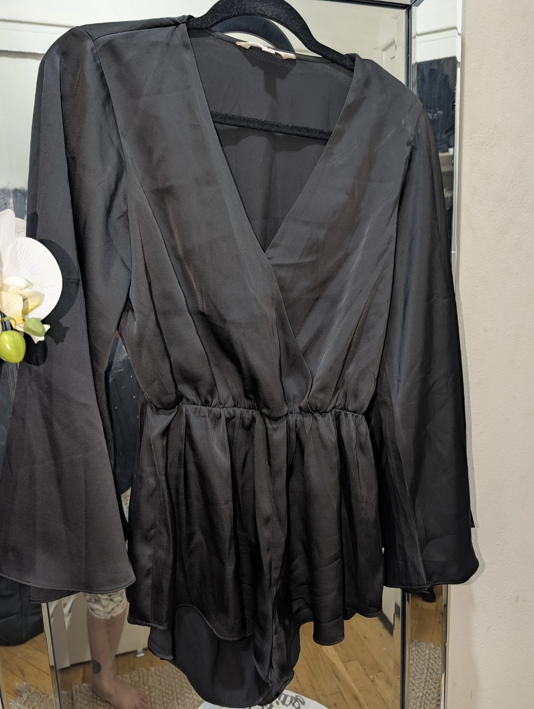 Black Satin Romper with Bell Sleeves - photo 2