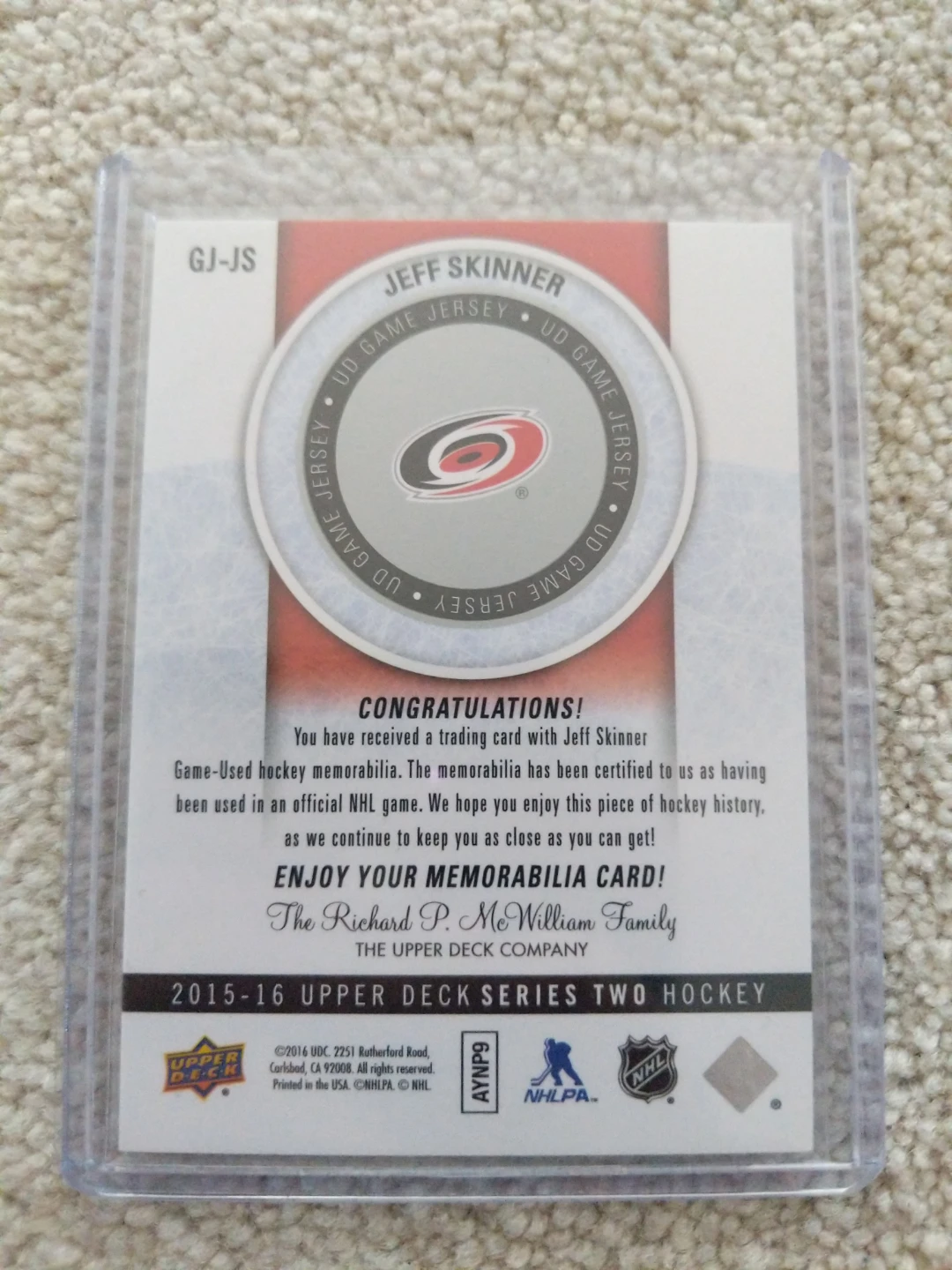 Jeff Skinner UD Game Jersey Hockey Card - photo 2