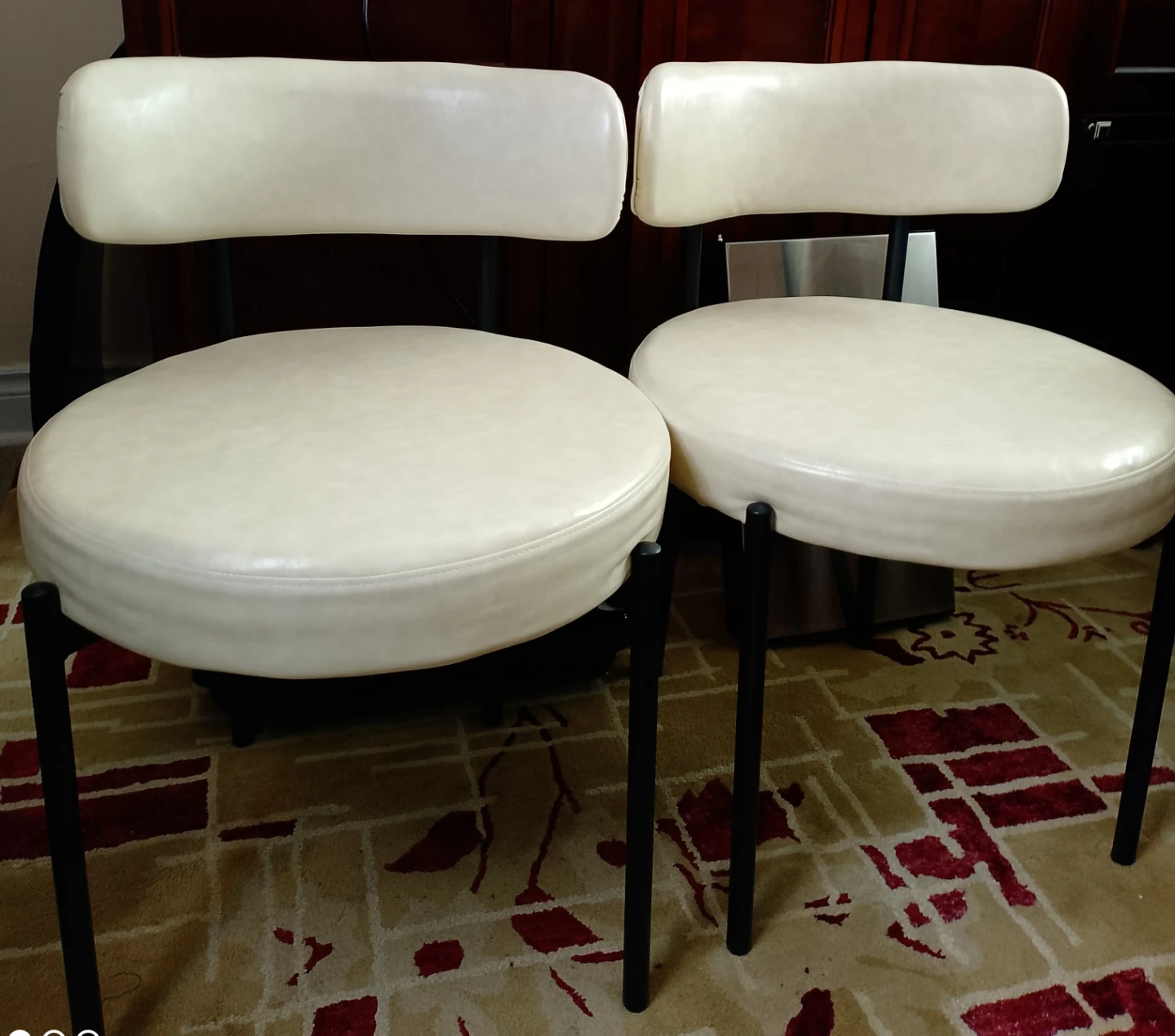 Pair of Cream leather Upholstered Chairs with Black Metal Legs