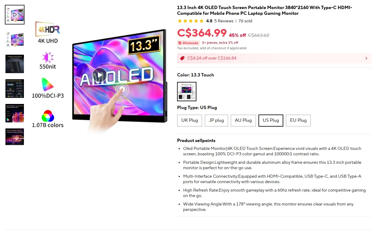 13.3 Inch 4K Touch Screen Portable Monitor