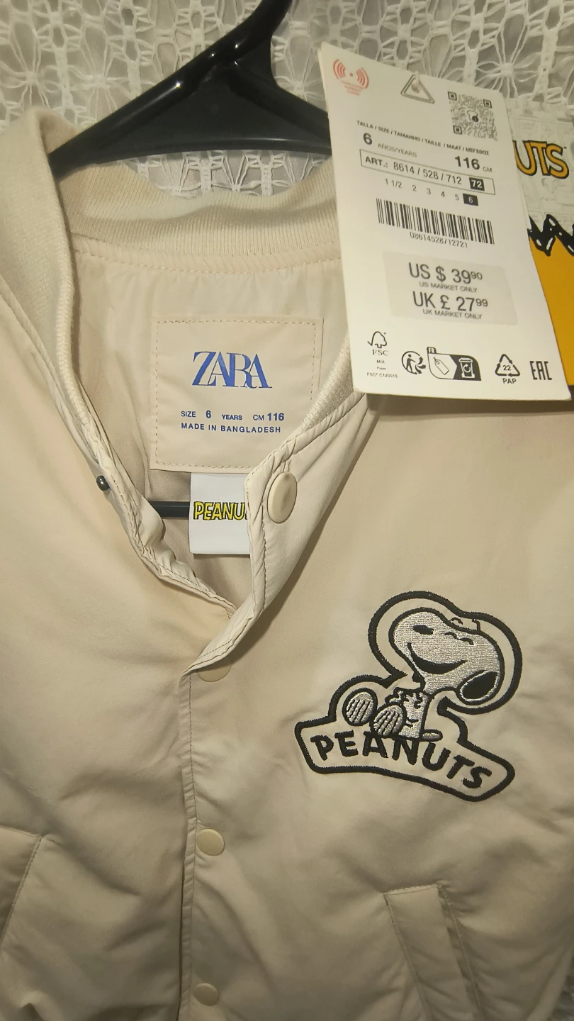 Zara Kids Peanuts Snoopy Baseball Jacket Cream Size 6 - photo 2