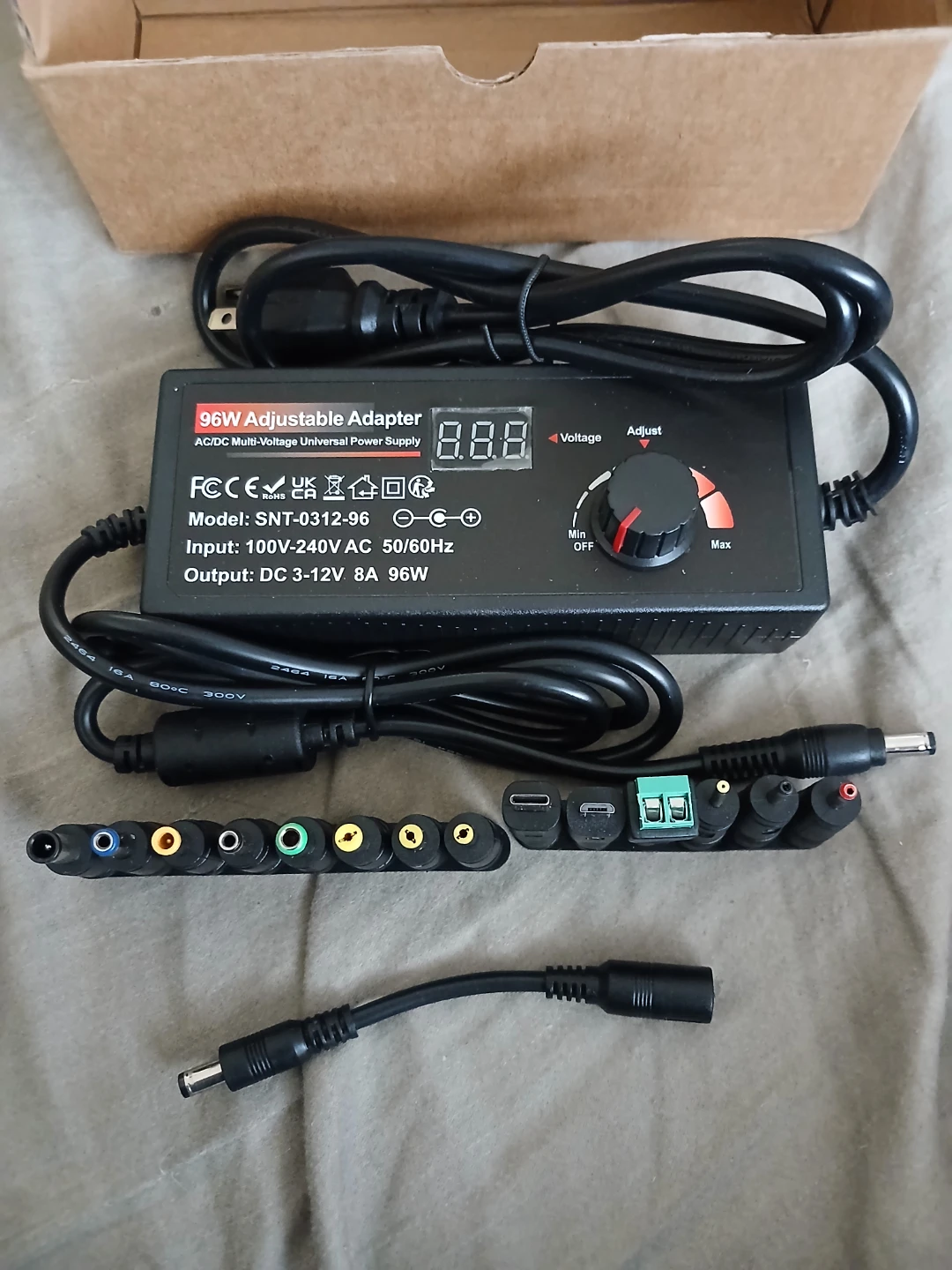 96W Adjustable AC/DC Power Adapter with Multiple Tips