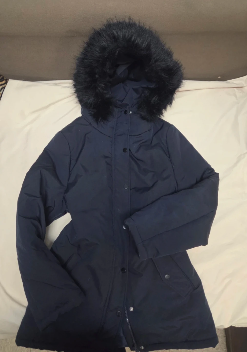 Navy Blue Puffer Coat with Faux Fur Hood