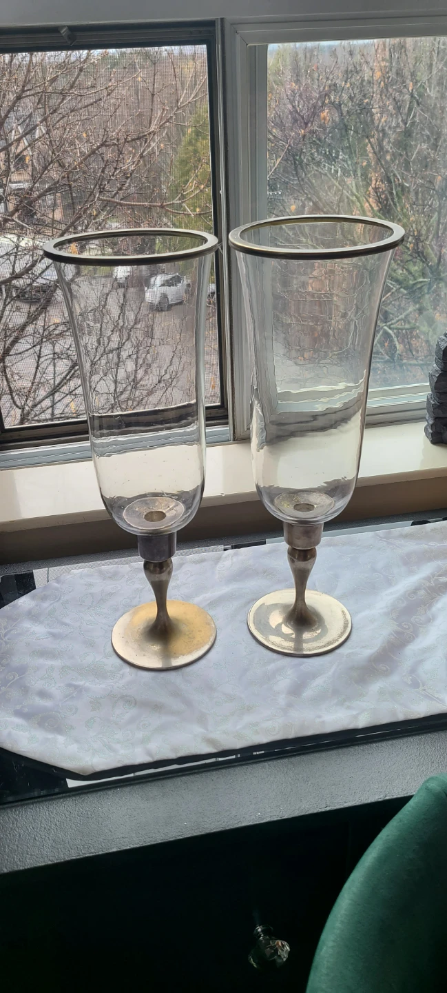 Set of 2 Glass Trumpet Candle holders with Metal Base