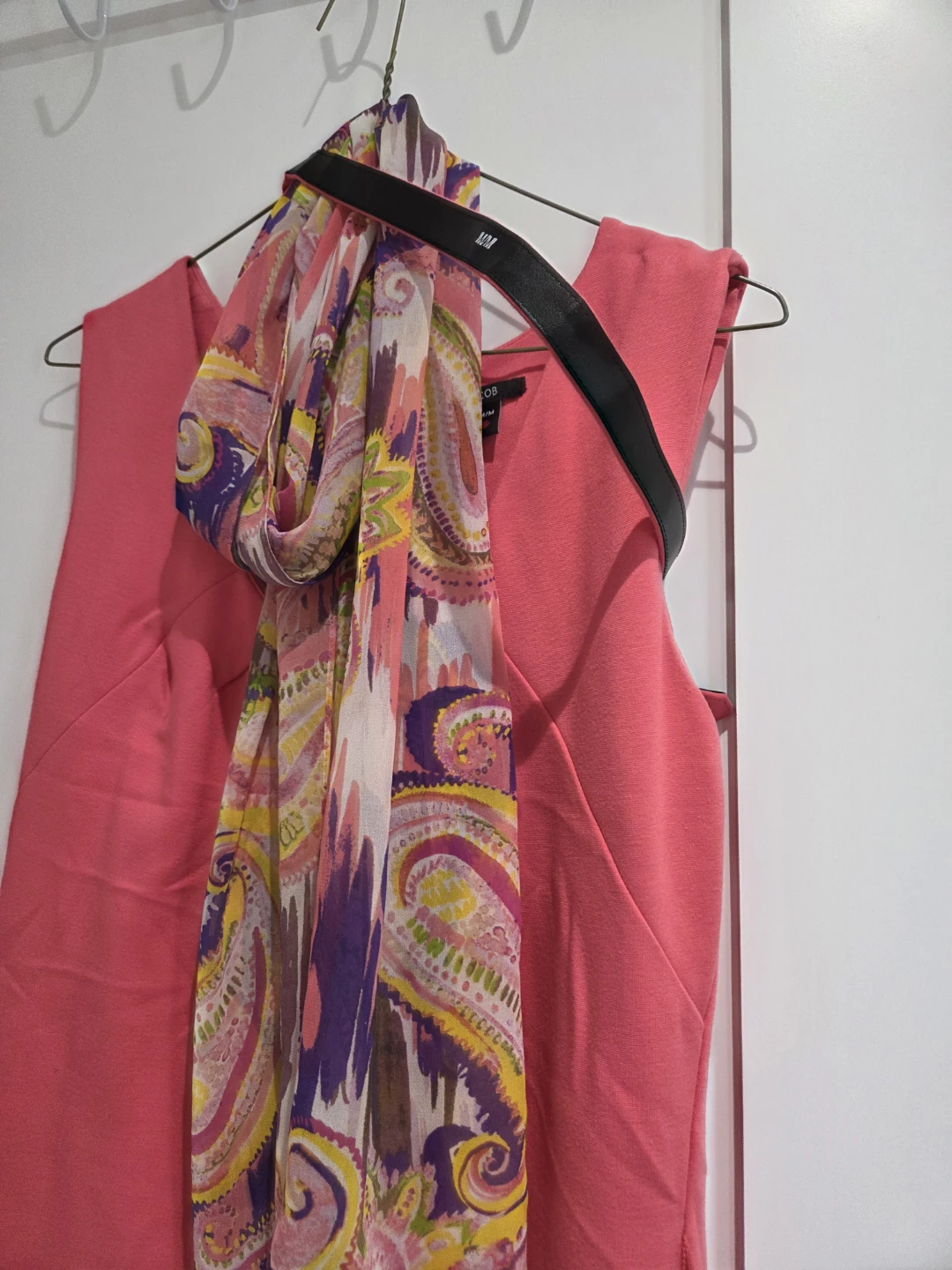 Jacob's Coral Sheath Dress with Colorful Scarf & belt