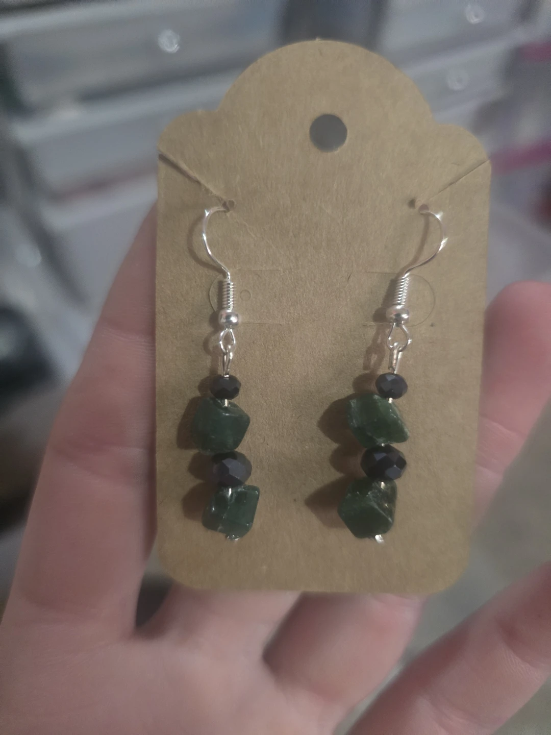 Green Stone and Dark Bead Dangle Earrings