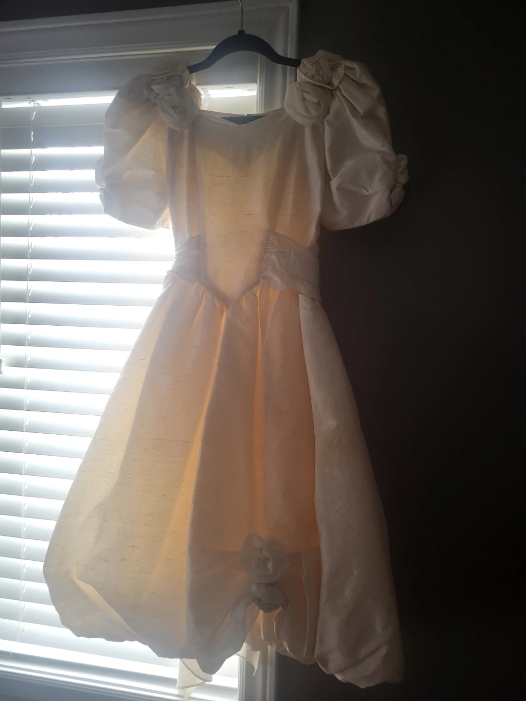 Cream Puff Sleeve Dress with Flower Accent