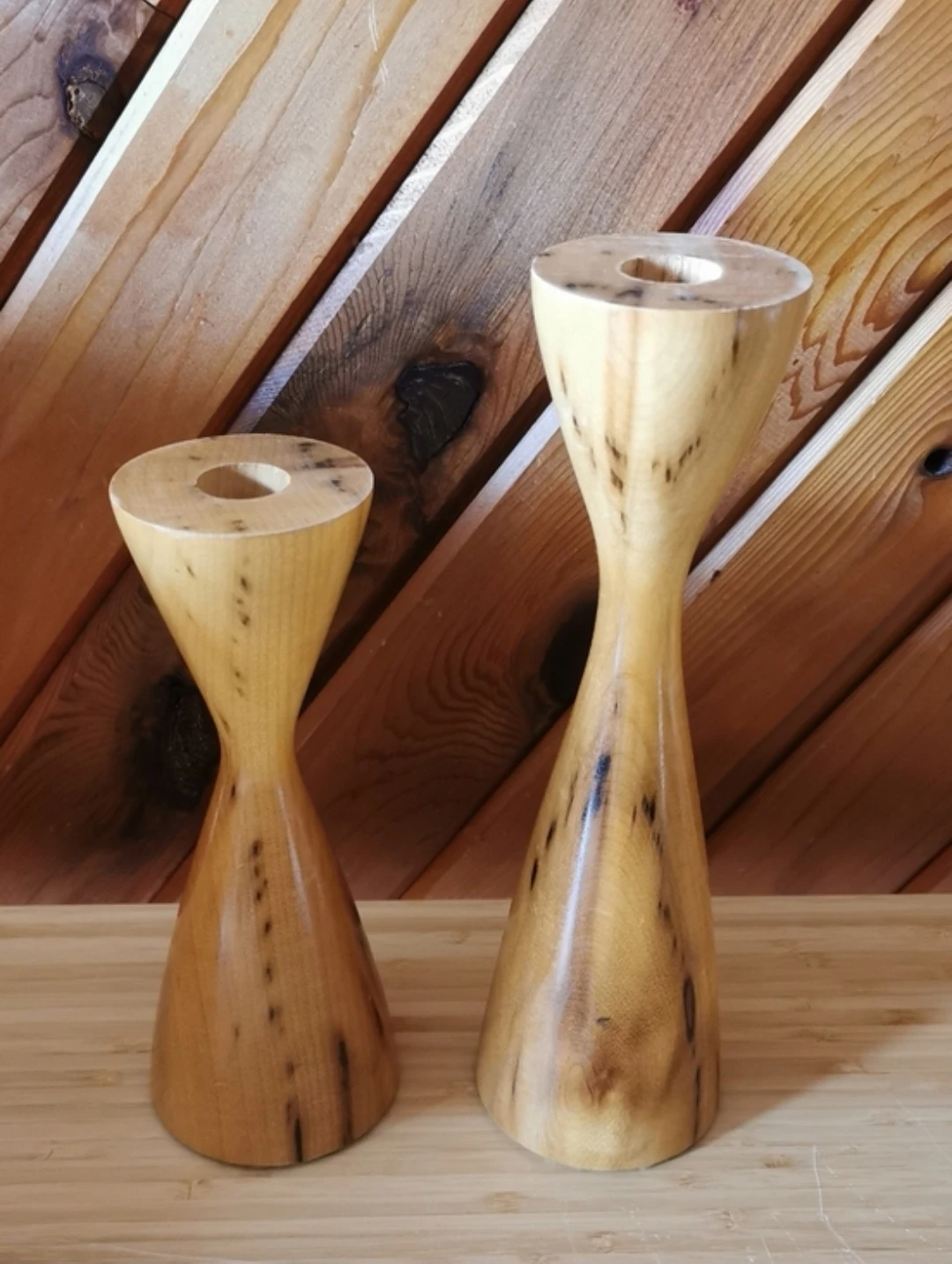 Vintage MCM Turned Wood Candle Holders Set Scandinavian Style