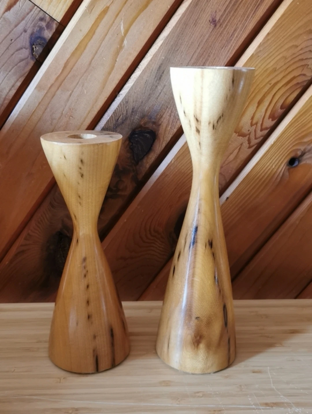 Vintage MCM Turned Wood Candle Holders Set Scandinavian Style - photo 2