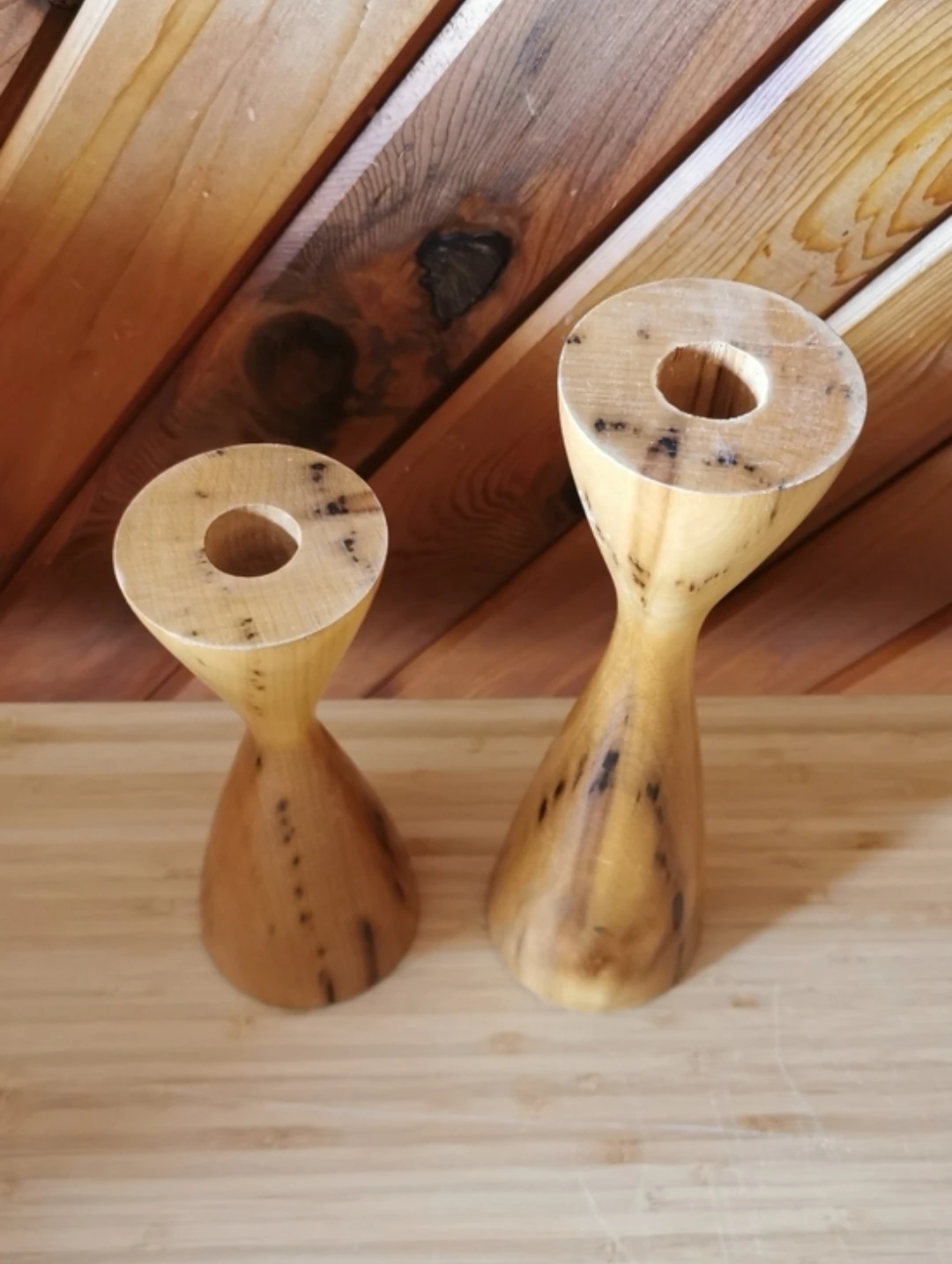 Vintage MCM Turned Wood Candle Holders Set Scandinavian Style - photo 3