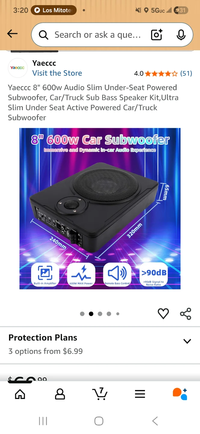 Yaeecc 8" 600W Slim Under-Seat Powered Subwoofer