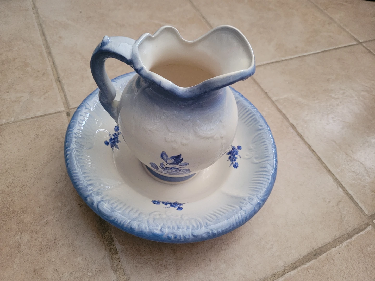 Vintage Blue and White Pitcher and Bowl Set