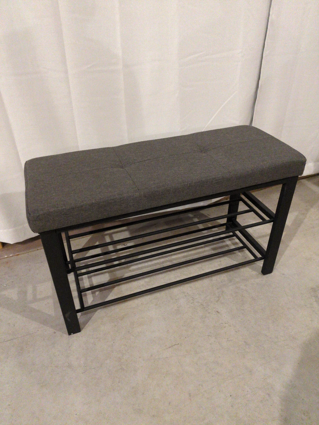 Grey Upholstered Shoe Bench with Two-Tier Rack