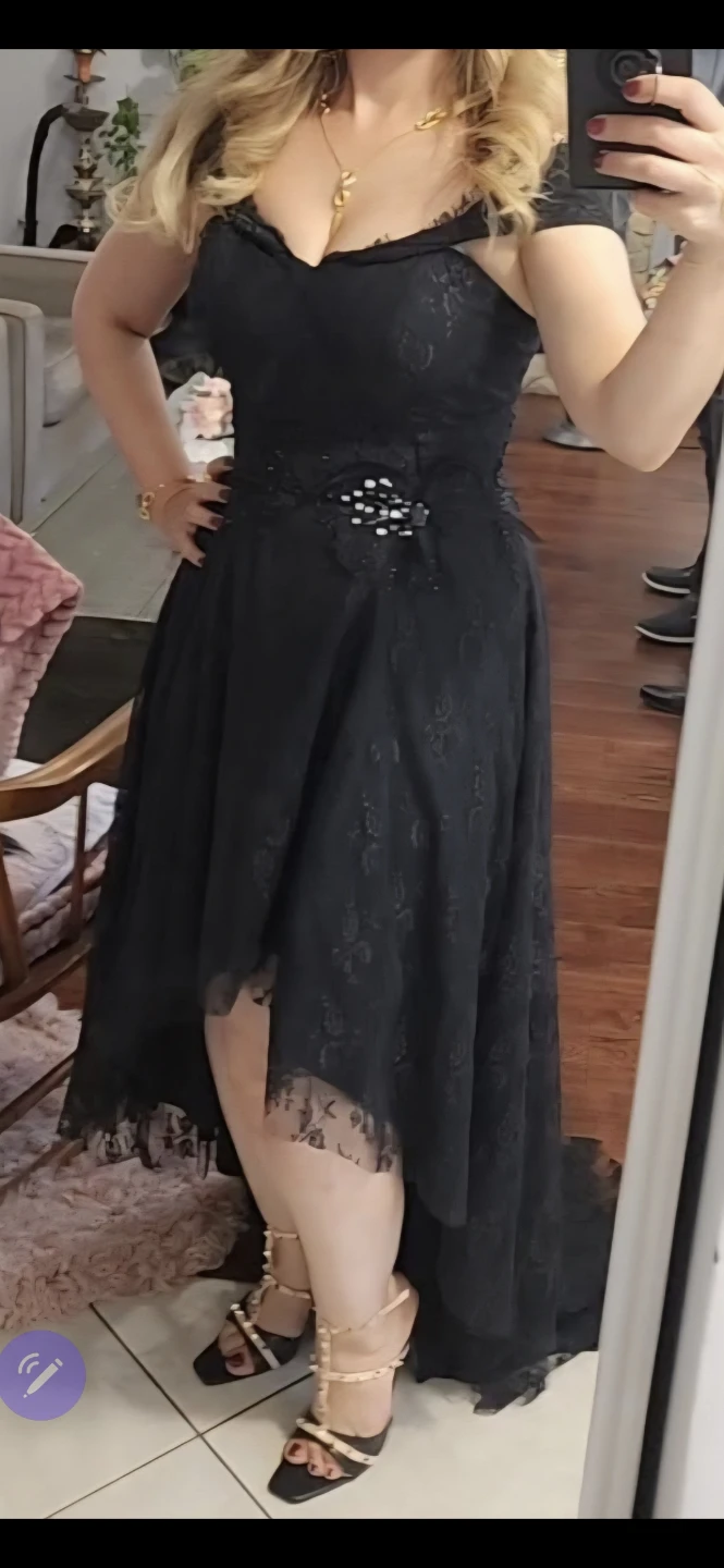 Black Lace Off-the-Shoulder High-Low Dress