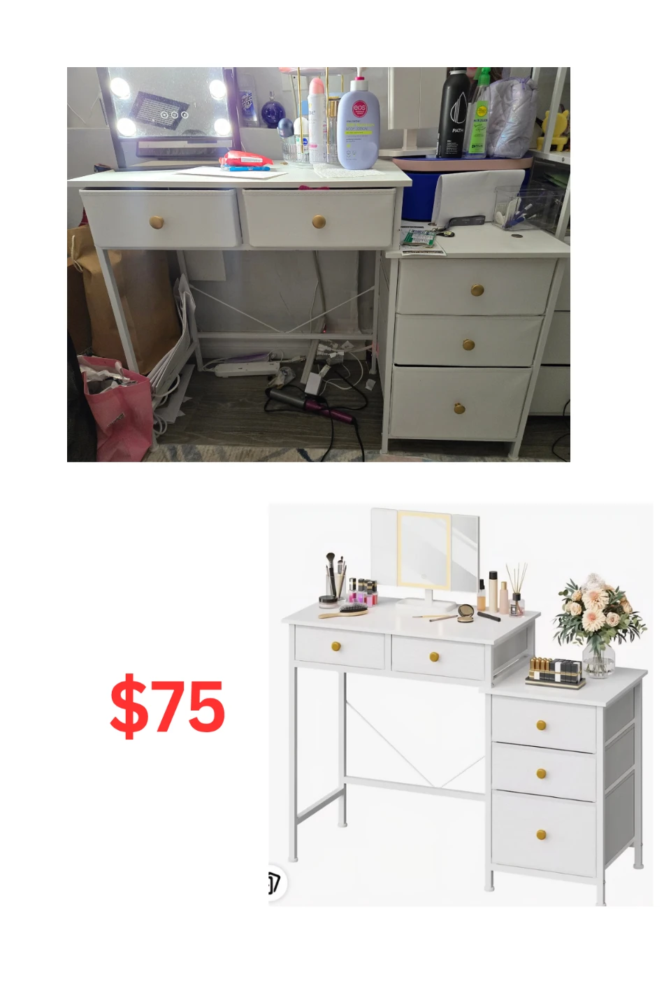 White Vanity Desk with Drawers and Mirror