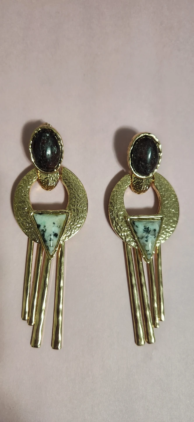 #2 Long gold-tone metal earrings and inset stones