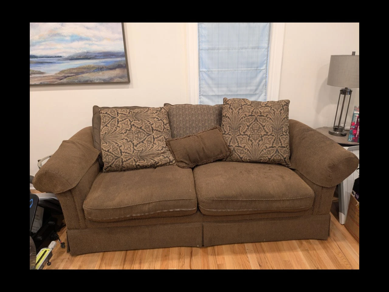 Brown Textured Loveseat Sofa with Accent Pillows