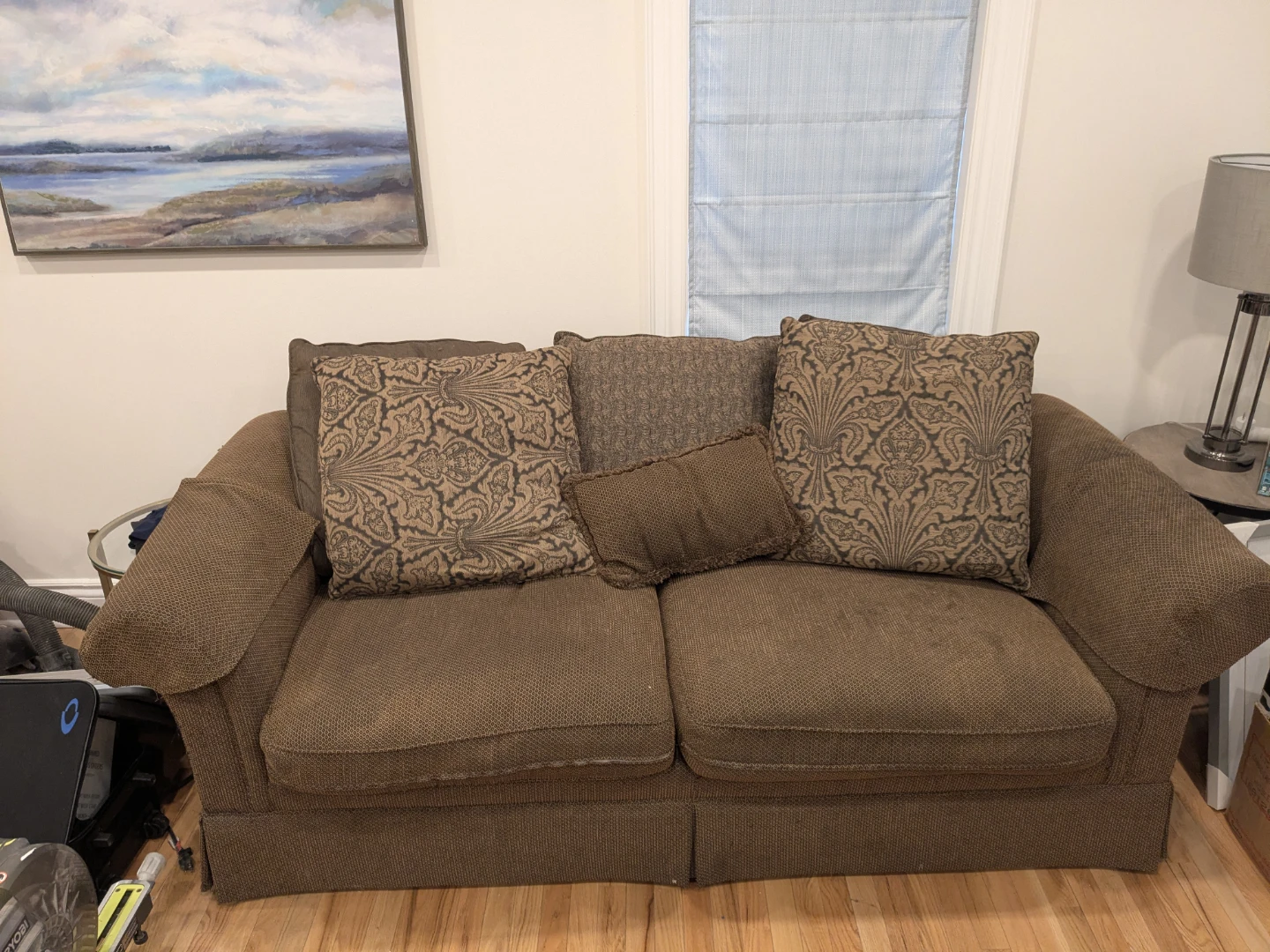 Brown Textured Loveseat Sofa with Accent Pillows - photo 2